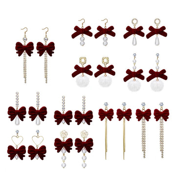 DAIIIBABYYY  -  Winter Red Velvet Flocking Bow-knot Vintage Earrings Women Rhinestone Tassel Pearl Korean Fashion Drop Earring Jewelry